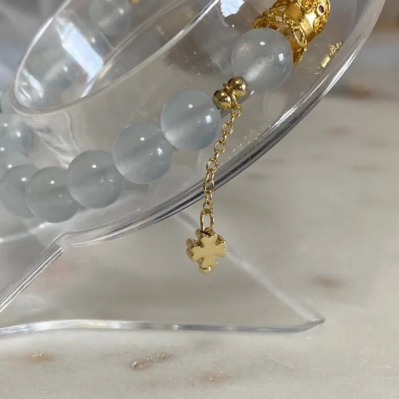 Natural White Agate & Aquamarine Half Bangle Bracelet - Handcrafted Artisan - Picture 4 of 8